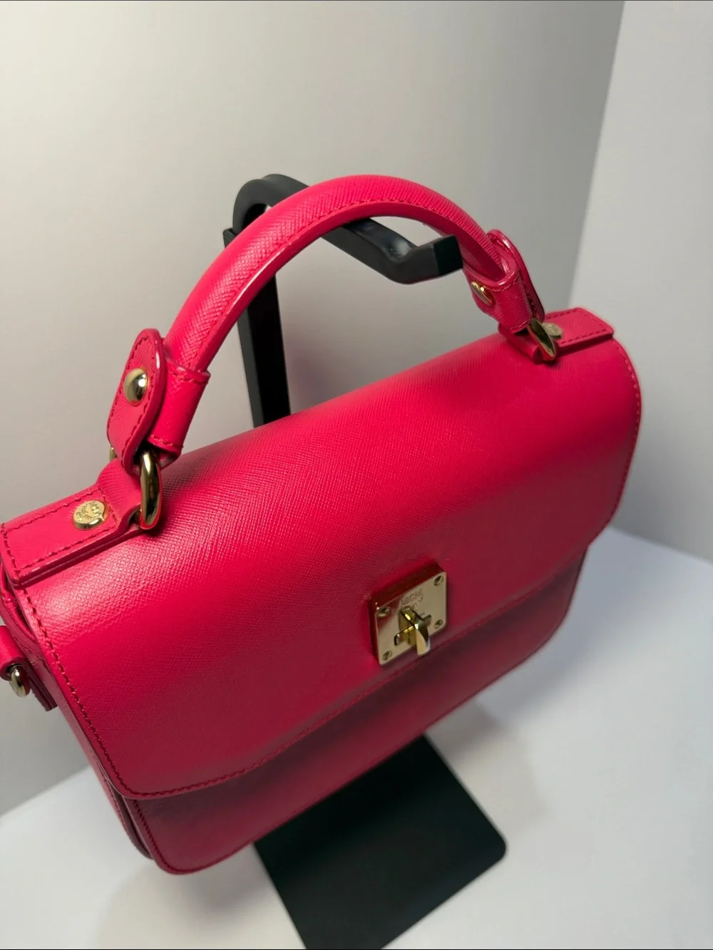 MCM Fuchsia Pink Leather Top Handle Satchel Bag - Picture 6 of 12